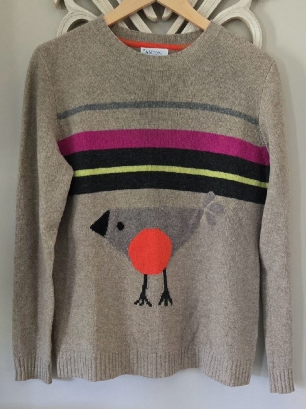 Antoni + Alison Beige Crewneck Merino Wool Sweater with Robin and Stripes